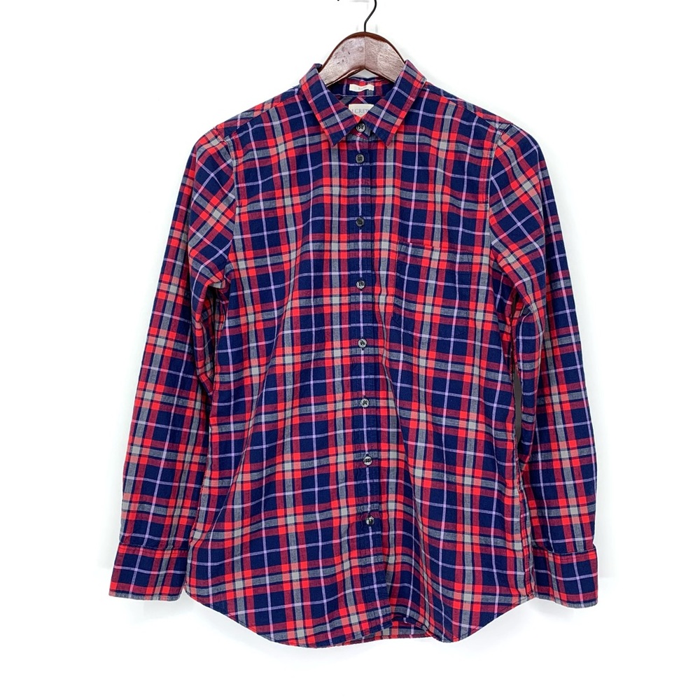 J. Crew Boy Fit Gingham Plaid Long Sleeve Button Down Shirt Blue Red Purple